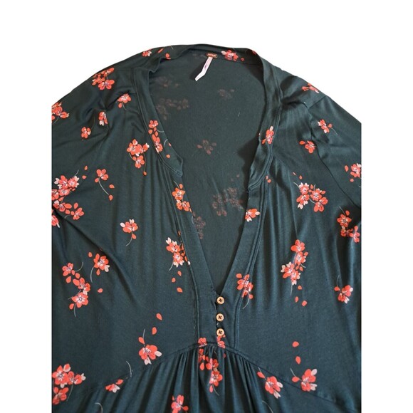 Free People Green Floral Flowy Long Sleeve Boho Plunge Neck Mini Dress Medium - Picture 4 of 12